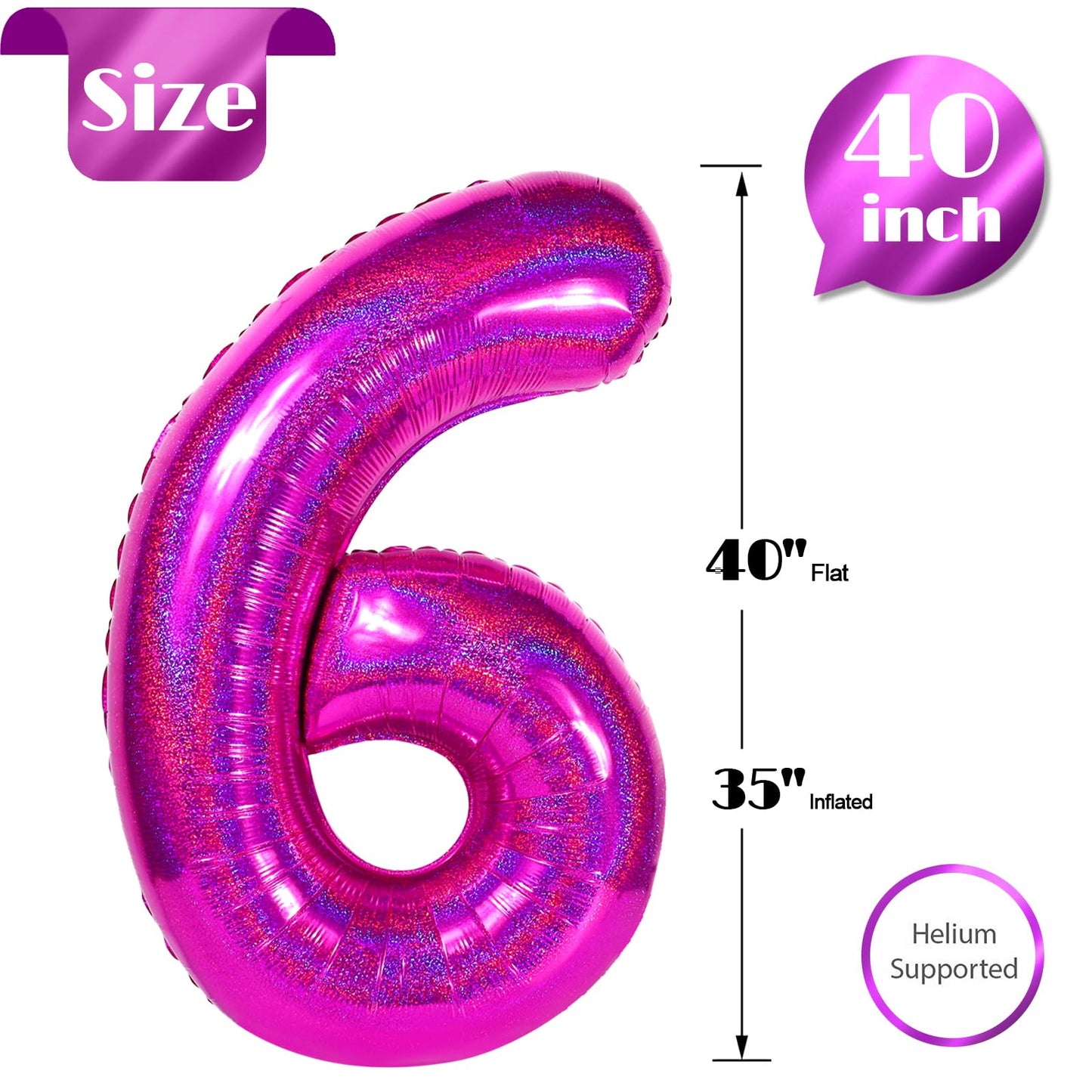 Laser Hot Pink 6 Balloon, Number Balloons 40 Inch, 6th Balloons for Birthday Decorations, Laser Hot Pink Party Supplies 6 Birthday Balloon, Number 6 Balloon
