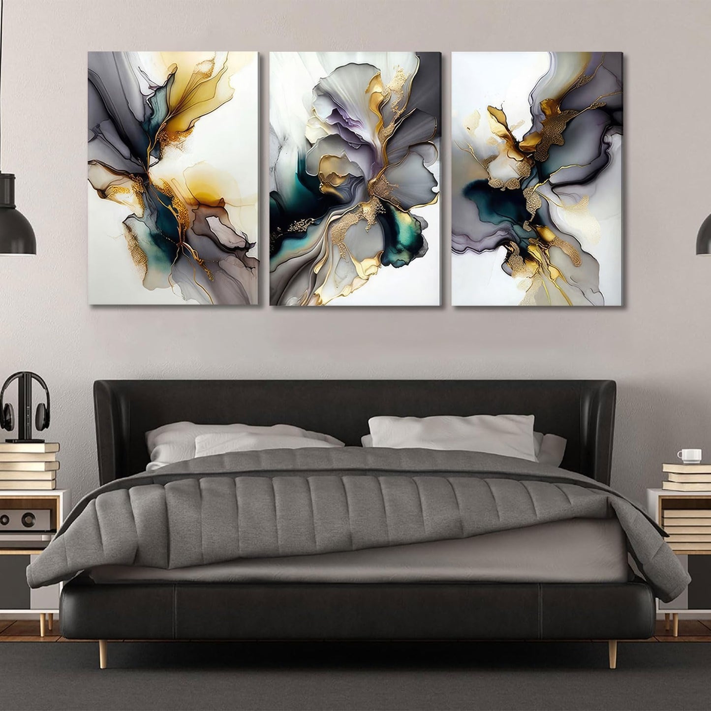 3pcs Black And Gold Abstract Canvas Wall Art Modern Texture Grey And Gold Marble Fluid Wall Decor Posters Prints Pictures for Living Room Bedroom Office Home Decoration Ready To Hang
