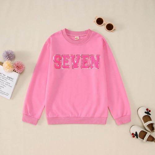 GLIGLITTR Toddler Baby Girls Birthday Outfit 2nd 3rd 4th 5th 6th 7th Bday Party Sweatshirt Chenille Patch Long Sleeve Shirt(Pink,7Years)