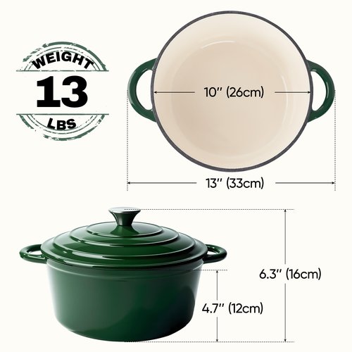 6 Quart Dutch Oven Pot with Lid, Non Stick Enameled Cast Iron Dutch Oven for Bread Baking, Heavy-Duty, Oven Safe Ceramic Cookware Up to 500°F for Baking, Braising, Stews, Roasting, Green