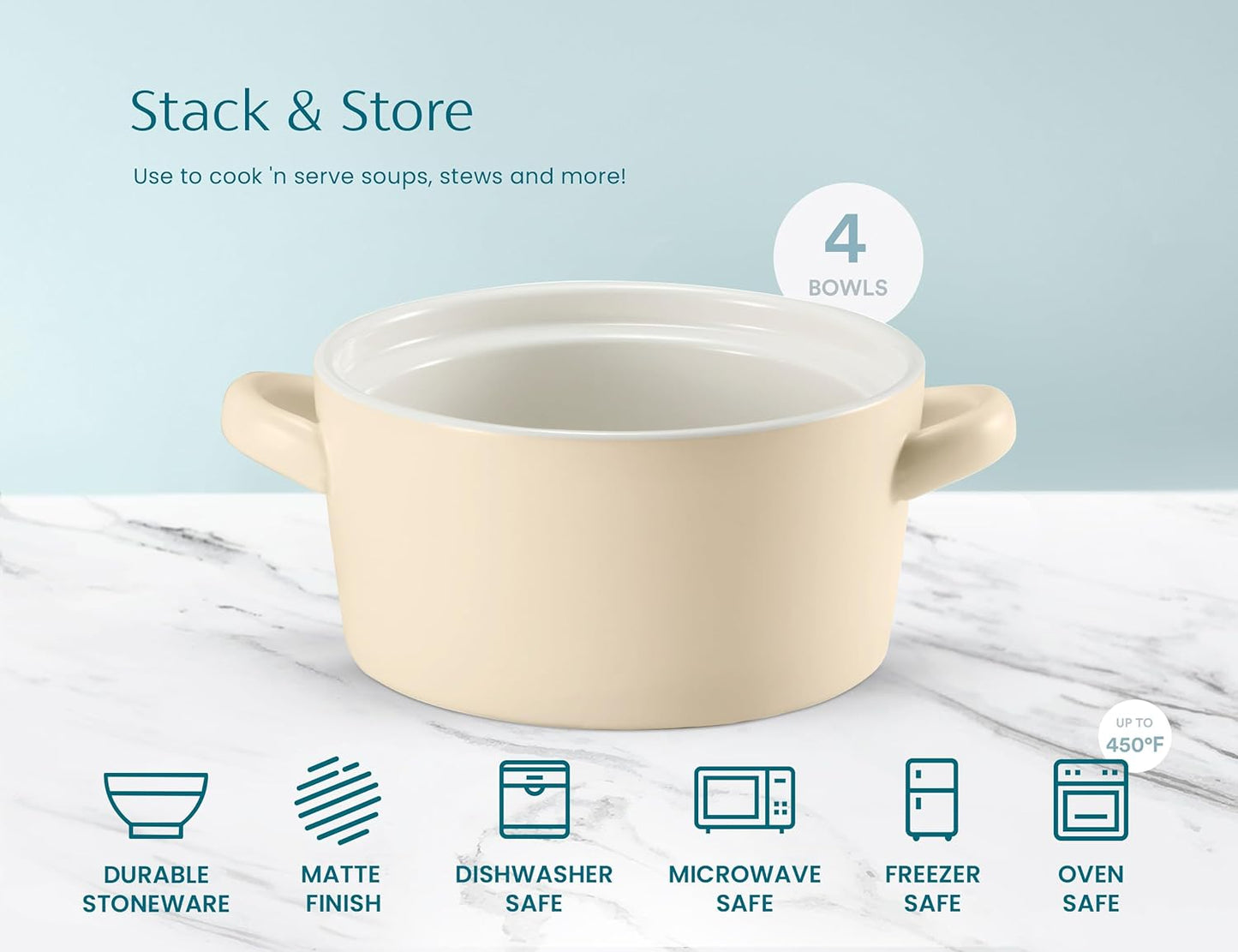 Kook Ceramic Soup Crocks - Stackable Bowls for Casserole & Pasta | Oven, Microwave & Dishwasher Safe, 18 oz, Set of 4 (Ivory)