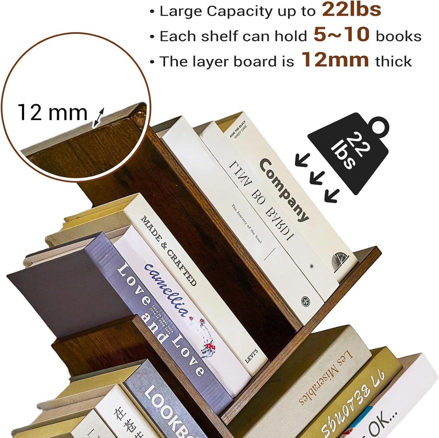 Rustic Brown & Black 3-Tier Tree Book Shelves | Unique Wall-Mounted Floating Bookshelf Organizer