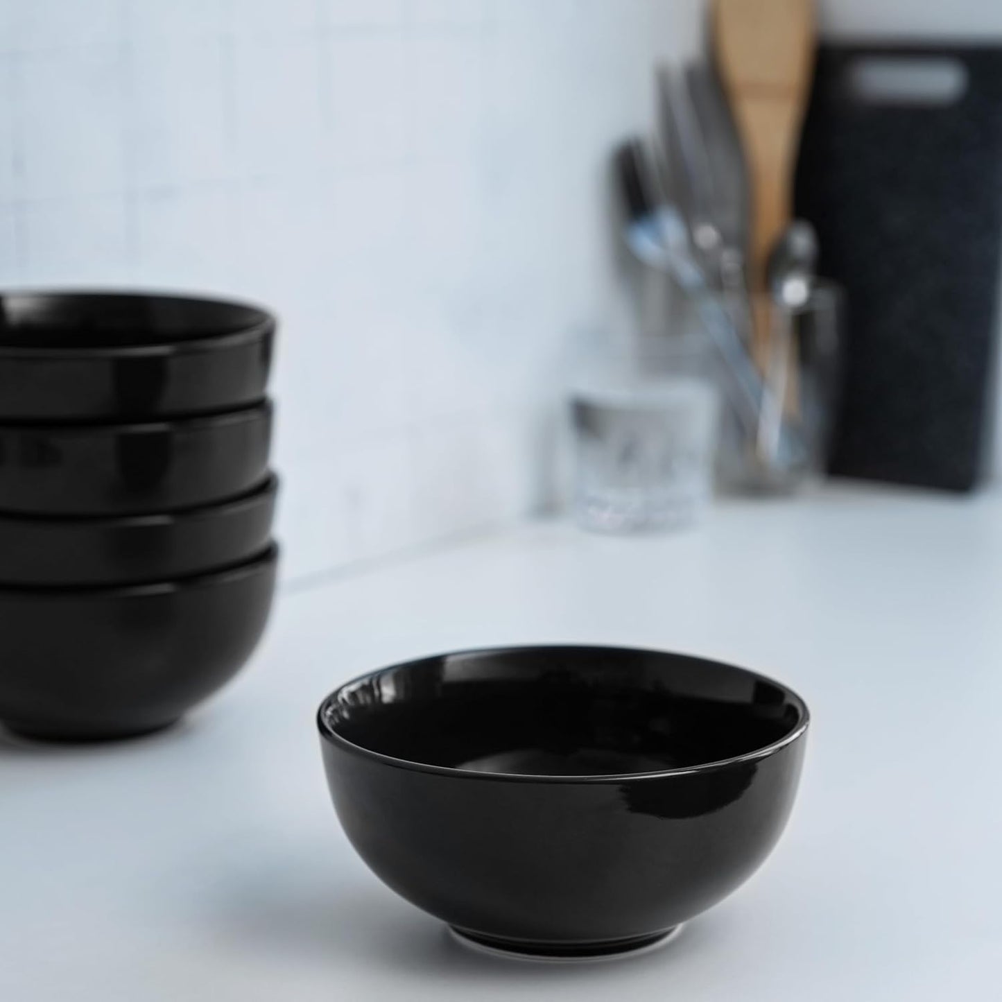 KooK Ceramic Soup & Cereal Bowls - Microwave & Dishwasher Safe, 20 oz, Set of 6 - Black