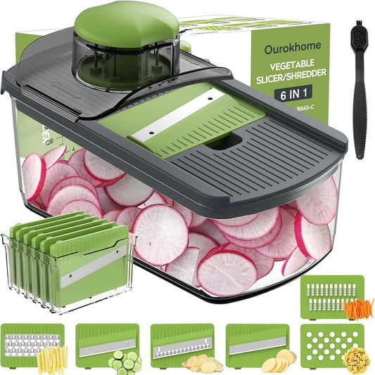 Ourokhome Mandolin Slicer - Safe Vegetable Shredder with 6 Blades | Essential Kitchen Gadget (Gray)