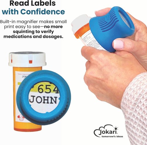 Jokari Easy Open Medicine Bottle Opener - 4x Magnifier & Built-In Cap Grip Tool for Seniors