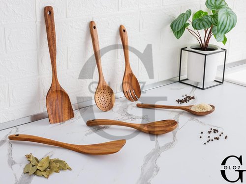 GLOZ Kitchen 6-Piece Wooden Spoons for Cooking-Smooth Teak Wooden Utensils for Cooking Comfort-Grip Wood Spoons for Cooking spoons