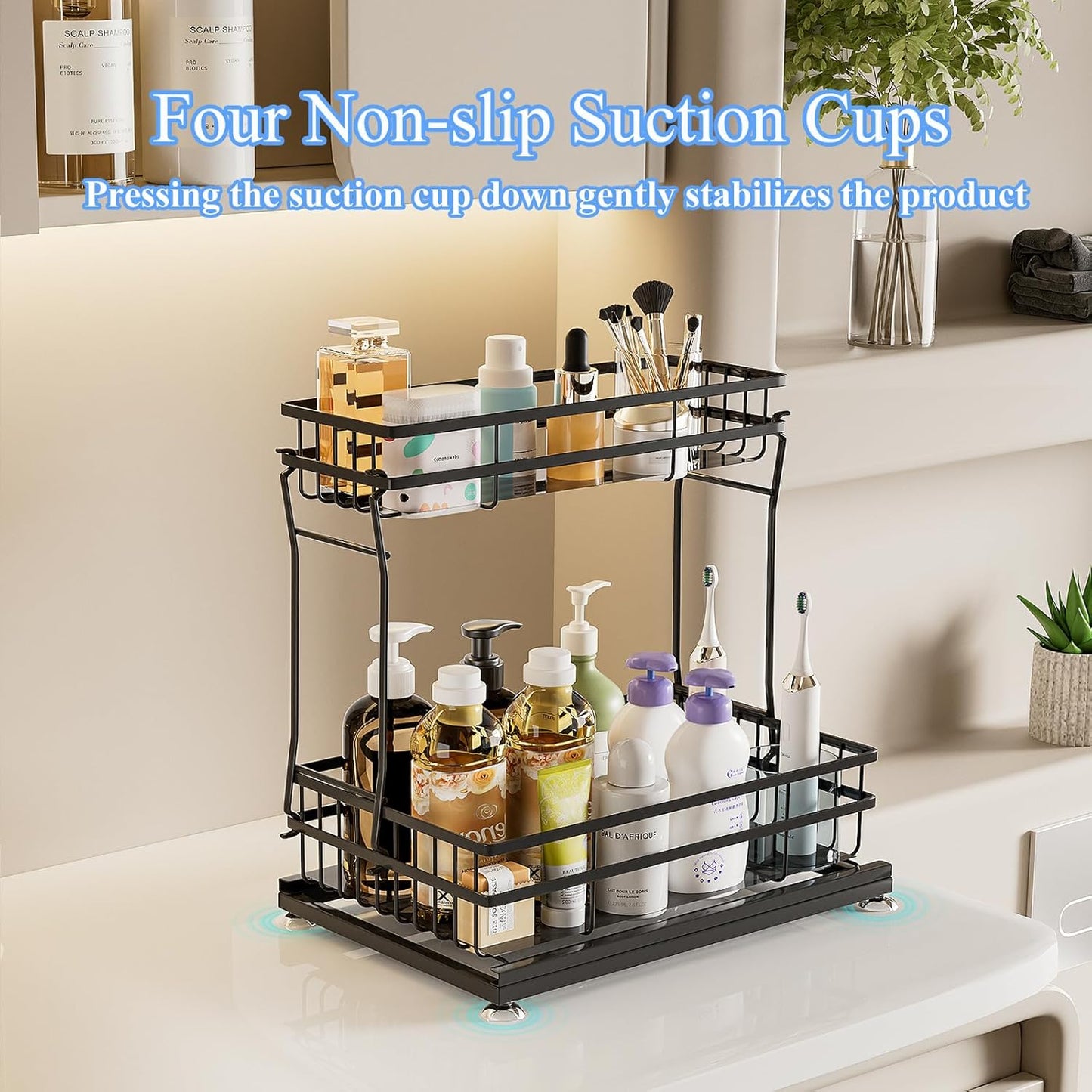 Skiennix Under Sink Organizer - 2 Tier Pull-Out Cabinet Storage with Metal Sliding Drawers | Black