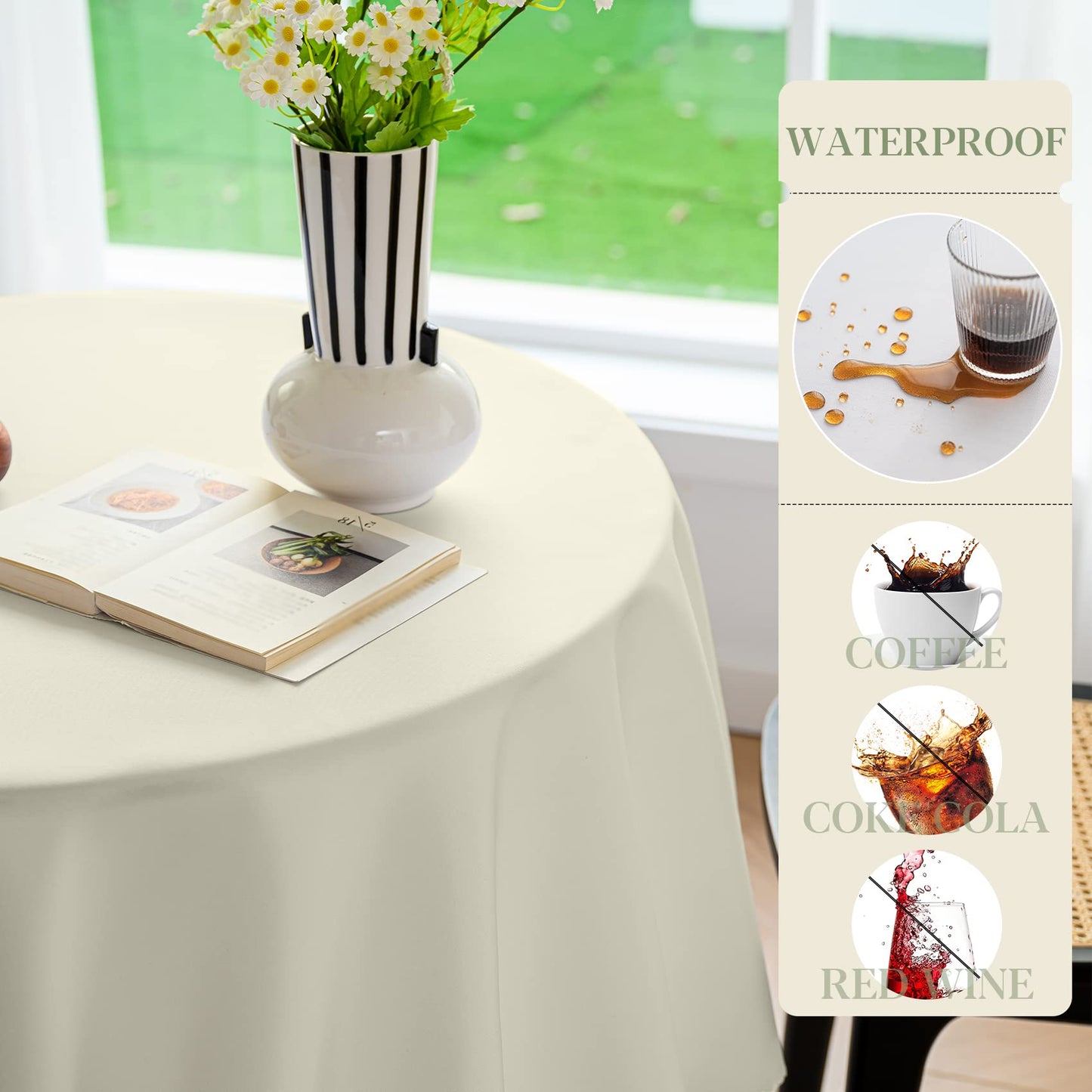 BYDOLL Table Cloth Round 48 Inch Tablecloth Fits Max38 Inch Diameter Top,Beige Washable Outdoor Winkle and Stain Resistant Spillproof Polyester Tablecloths for Round Tables Party Cover