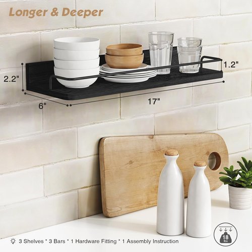 Forbena Black Floating Shelves - Rustic Wall Storage for Bathroom, Kitchen, Office | Set of 3, 17 Inch