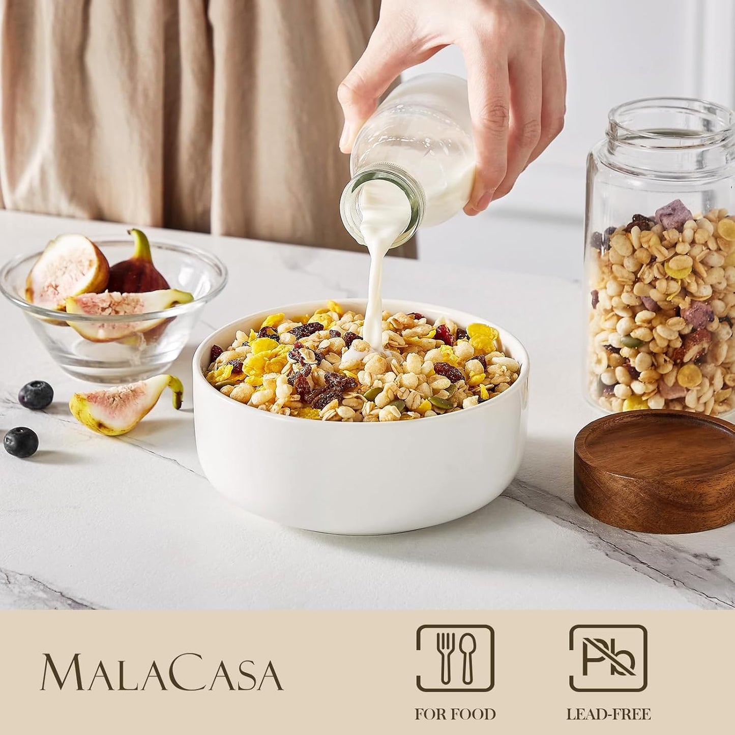 MALACASA 24 OZ Cereal Bowls Set of 6 - White Porcelain Soup & Oatmeal Bowls | Dishwasher & Microwave Safe
