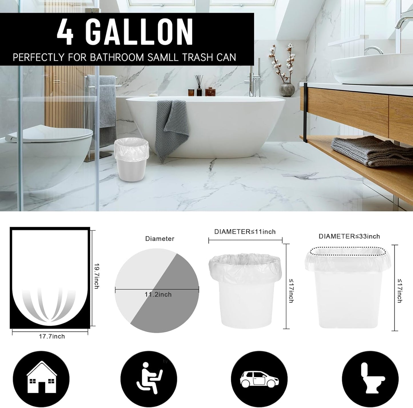 Skiennix 4 Gallon Small Trash Bags - Flexible, Durable & Unscented | 220 Counts, Easy Tearing, Transparent