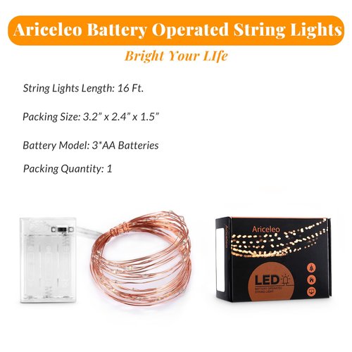 Ariceleo Led Fairy Lights Battery Operated, 1 Pack Mini Battery Powered Copper Wire Starry Fairy Lights for Bedroom, Christmas, Parties, Wedding, Centerpiece, Decoration (5m/16ft Cool White)