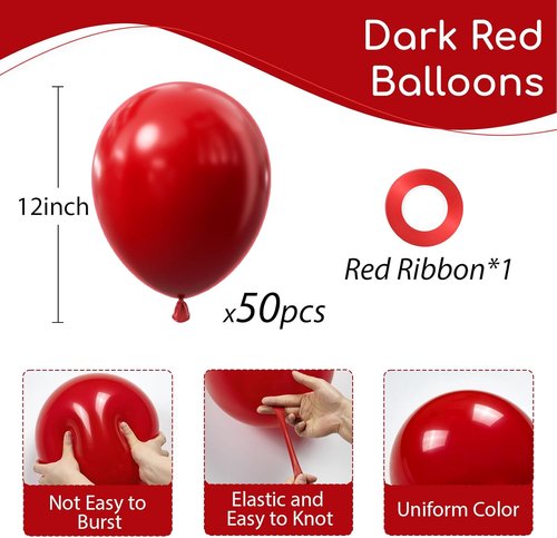 Dark Red Balloons - 12-Inch Red Latex Balloons | 50-Pack for Bridal Shower & Birthday Party Decor