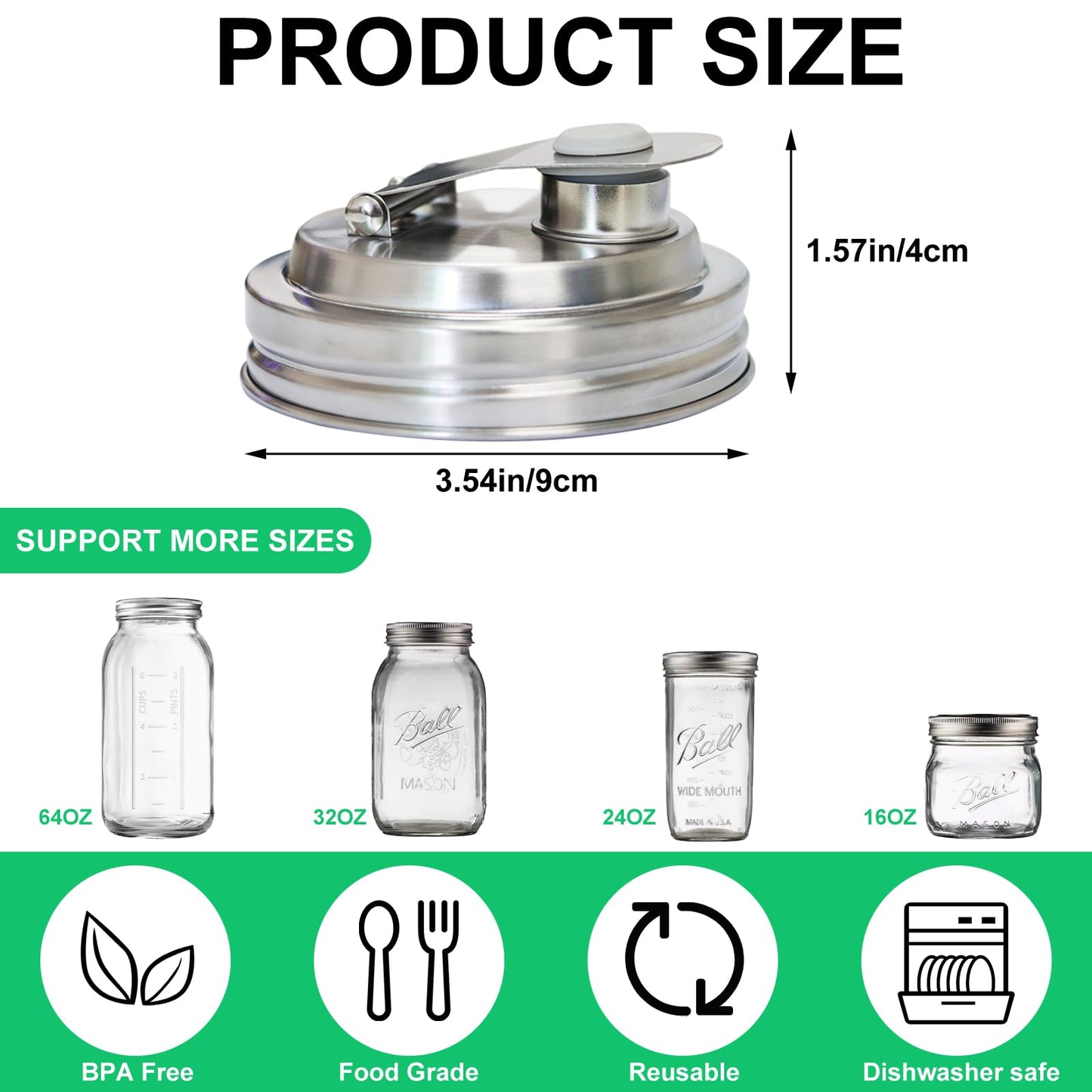 2 Pack Wide Mouth Mason Jar Stainless Steel Pour Spout Lid, Reusable Mason Jar Lids, for 86MM Ball Wide Mouth Mason Jars, Leak Proof Seal, for Drinking Salad Dressing & Food Storing