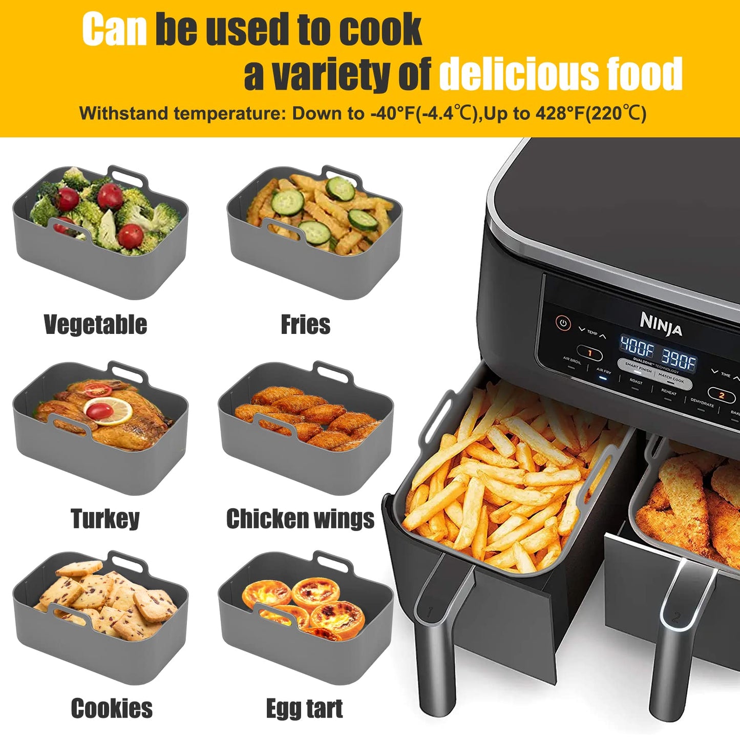 2Pcs Air Fryer Silicone Liners Rectangular for Ninja Foodi Dual DZ201 8QT/DZ090 6QT/Ninja DoubleStack SL201 8QT, MMH Reusable Airfryer Pot Baking Basket | Non-stick | Easy Cleaning | Food Safe | Gray