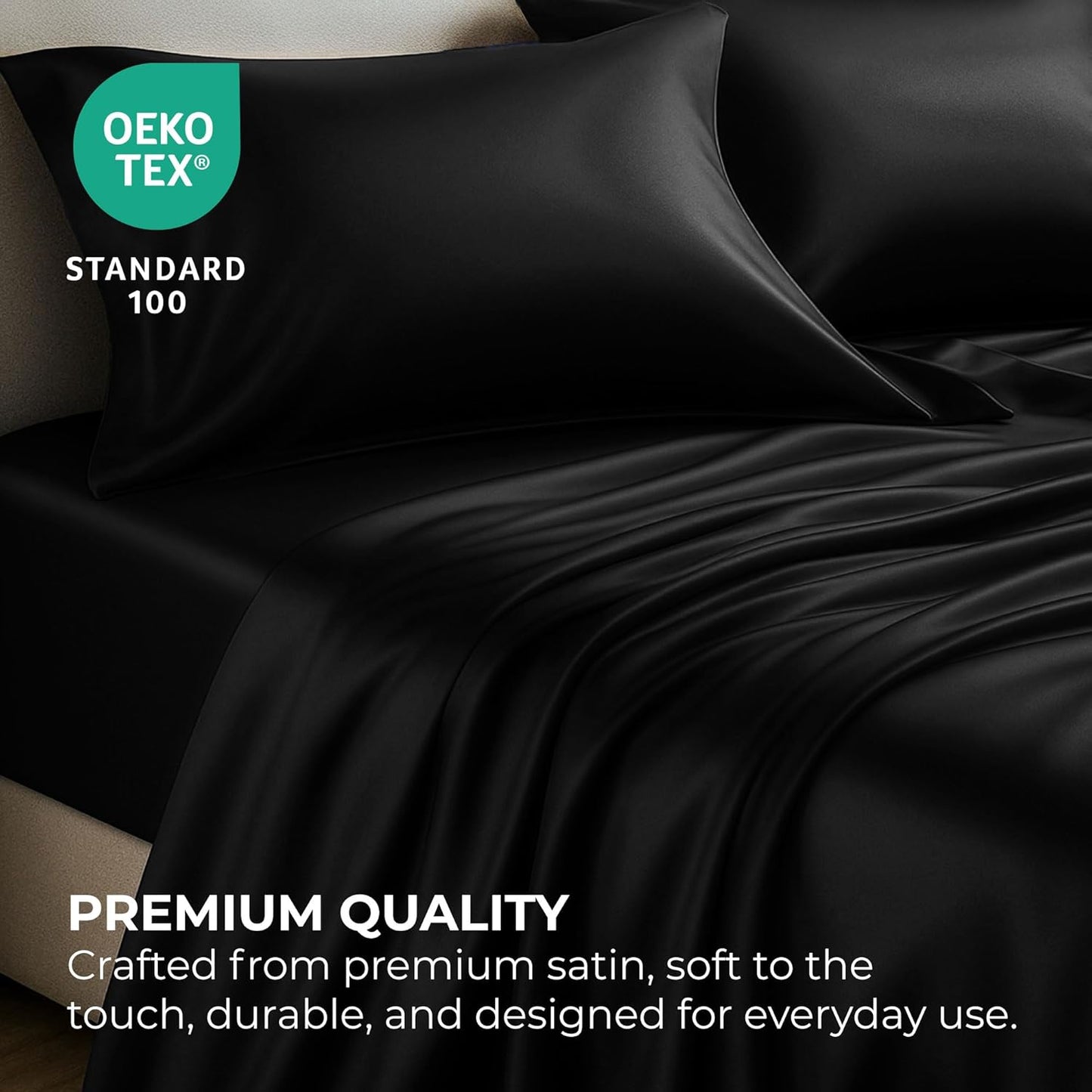 Pure Bedding Satin Sheets - Luxurious 4-Piece Queen Set in Black | Extra Soft 1800 Microfiber, Deep Pocket Design