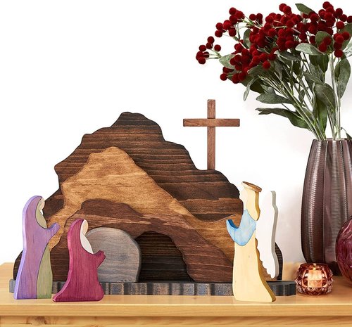Easter Resurrection Scene Set, Easter Wooden Decorations Religious, Jesus Nativity Christ Statue Decoration, Empty Tomb Tabletop Ornaments Cross Figurines Decor Gift for The Home, Tabletop, Office1