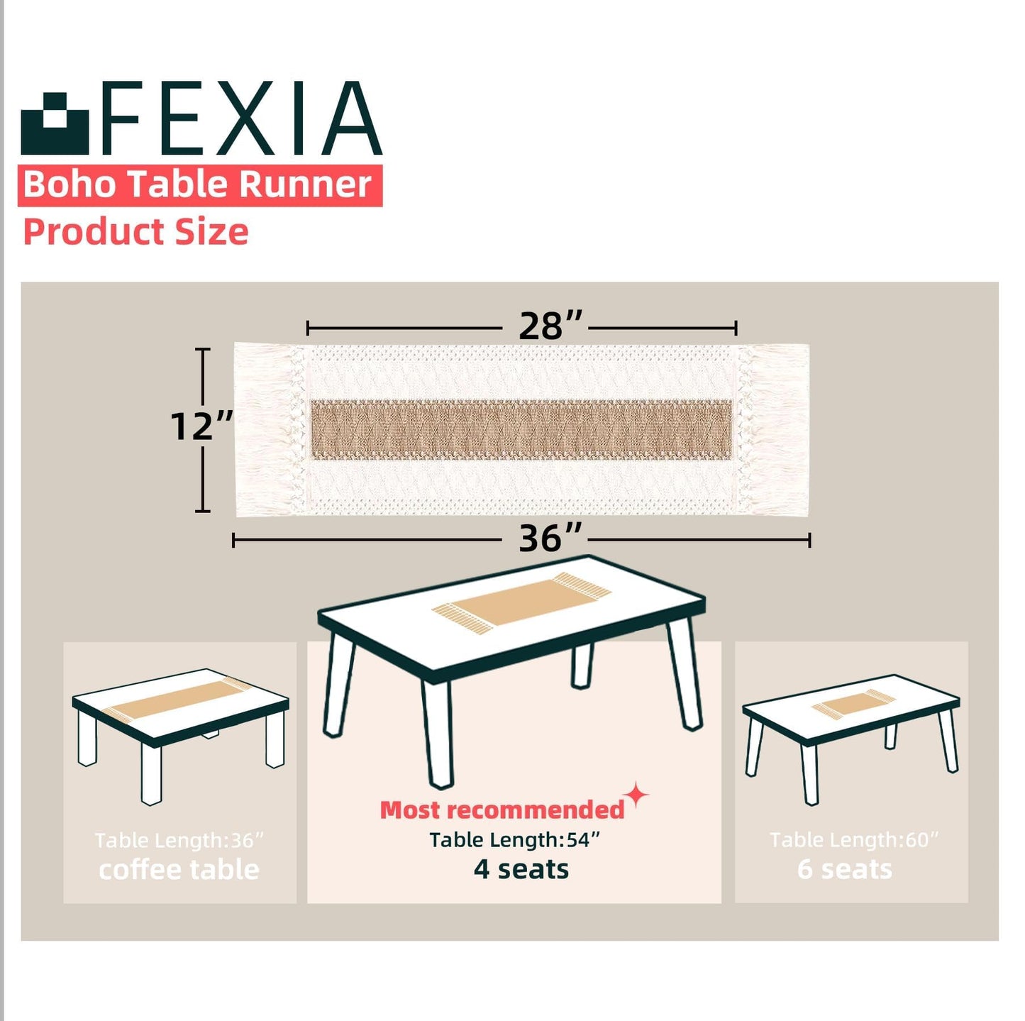 FEXIA Boho Table Runner for Thanksgiving Home Decor with Tassels 36 Inches Long Farmhouse Rustic Table Runner Cream & Brown Macrame for Boho Dining Bedroom Decor Rustic Bridal Shower (12x36 Inches)
