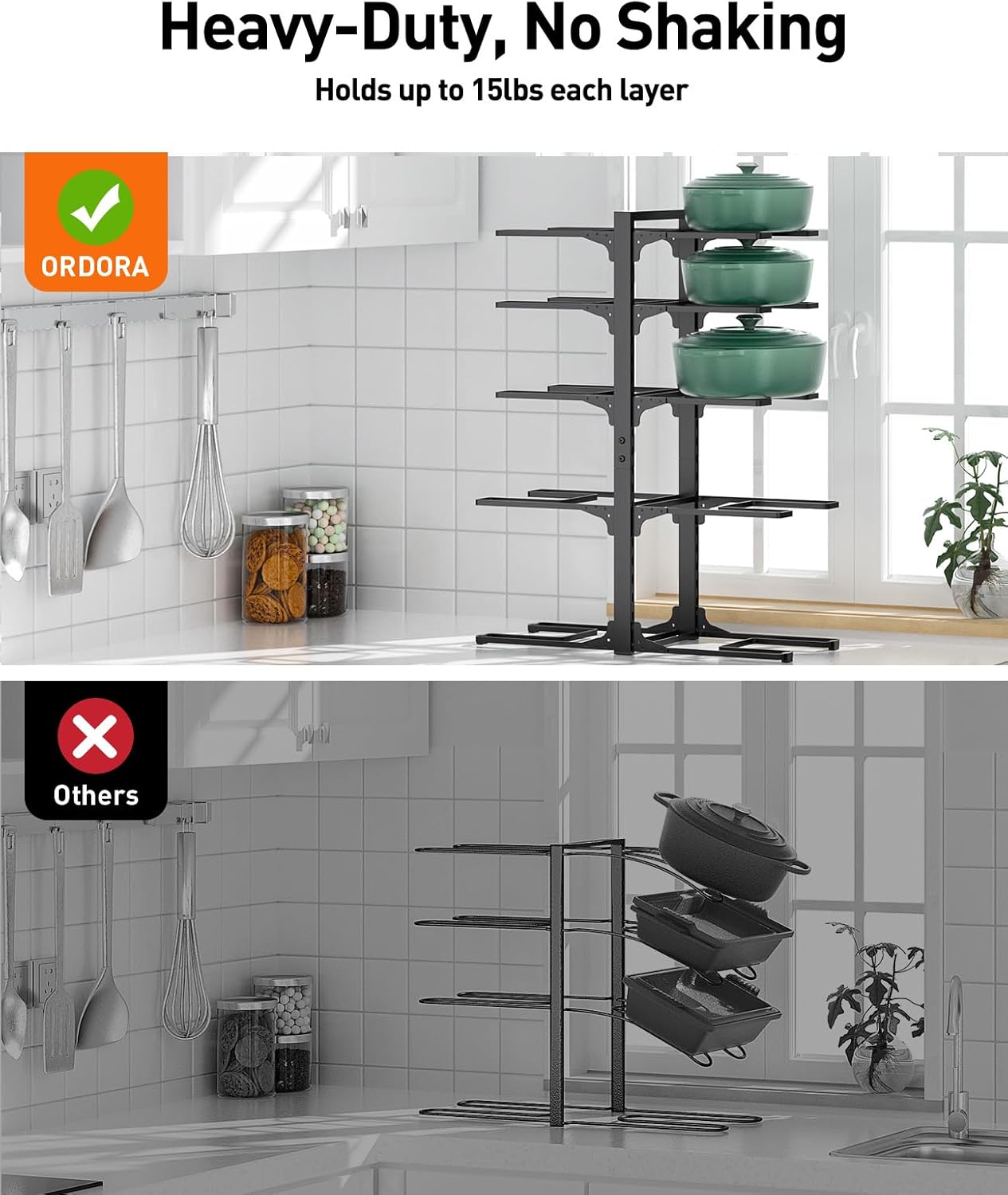 ORDORA 10-Tier Pots and Pans Organizer - Heavy-Duty Under Cabinet Storage Rack | Adjustable Kitchen Organizer