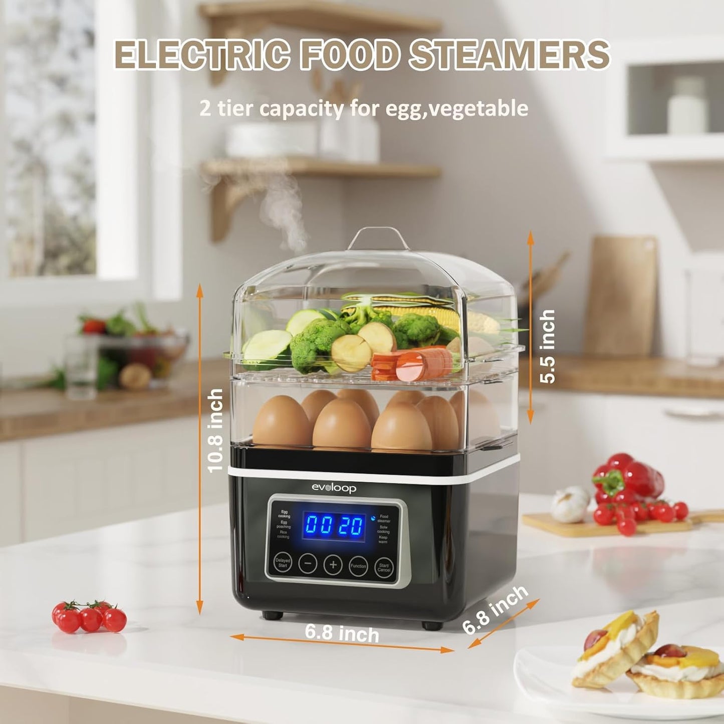 Skiennix 4 QT Electric Food Steamer - 2 Tiers BPA-Free Stackable Baskets | Rapid Egg Cooker with Auto Shut-Off