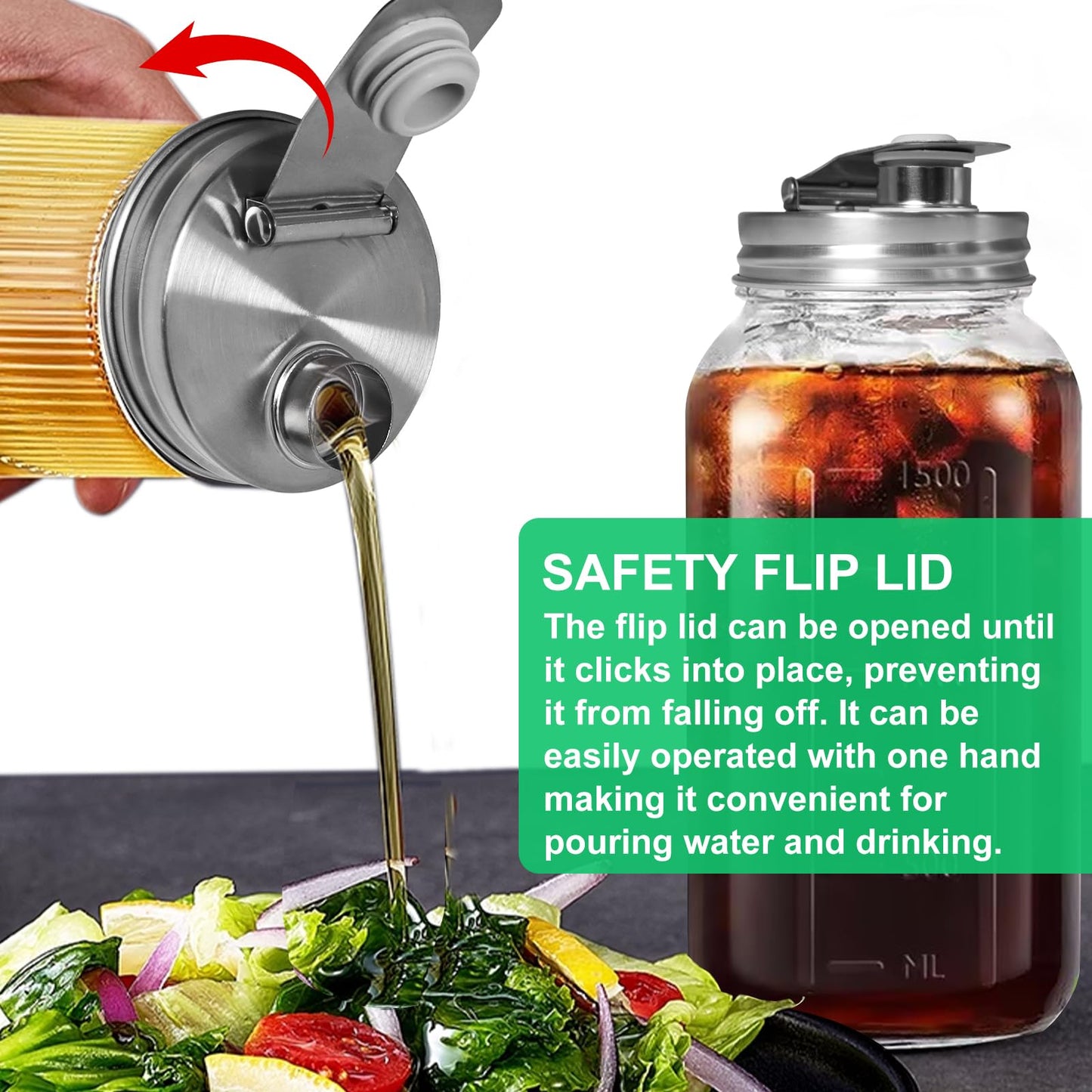 Mason Jar Pour Spout Lid Stainless Steel, 70MM Mason Jar Drinking Lids,Anticracking Leak Proof Seal Cover Airtight for Drinking Salad Dressing & Food Storing (2PCS)
