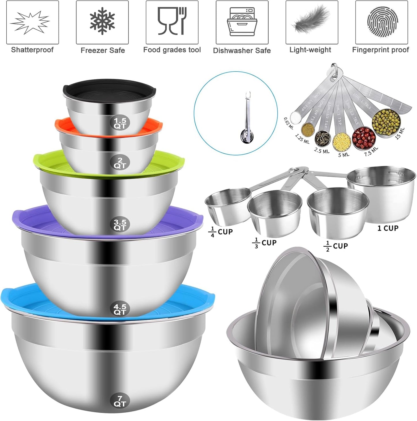 WEPSEN Mixing Bowls Set - 25PCS Stainless Steel Nesting Bowls with Lids & Kitchen Utensils for Baking and Cooking