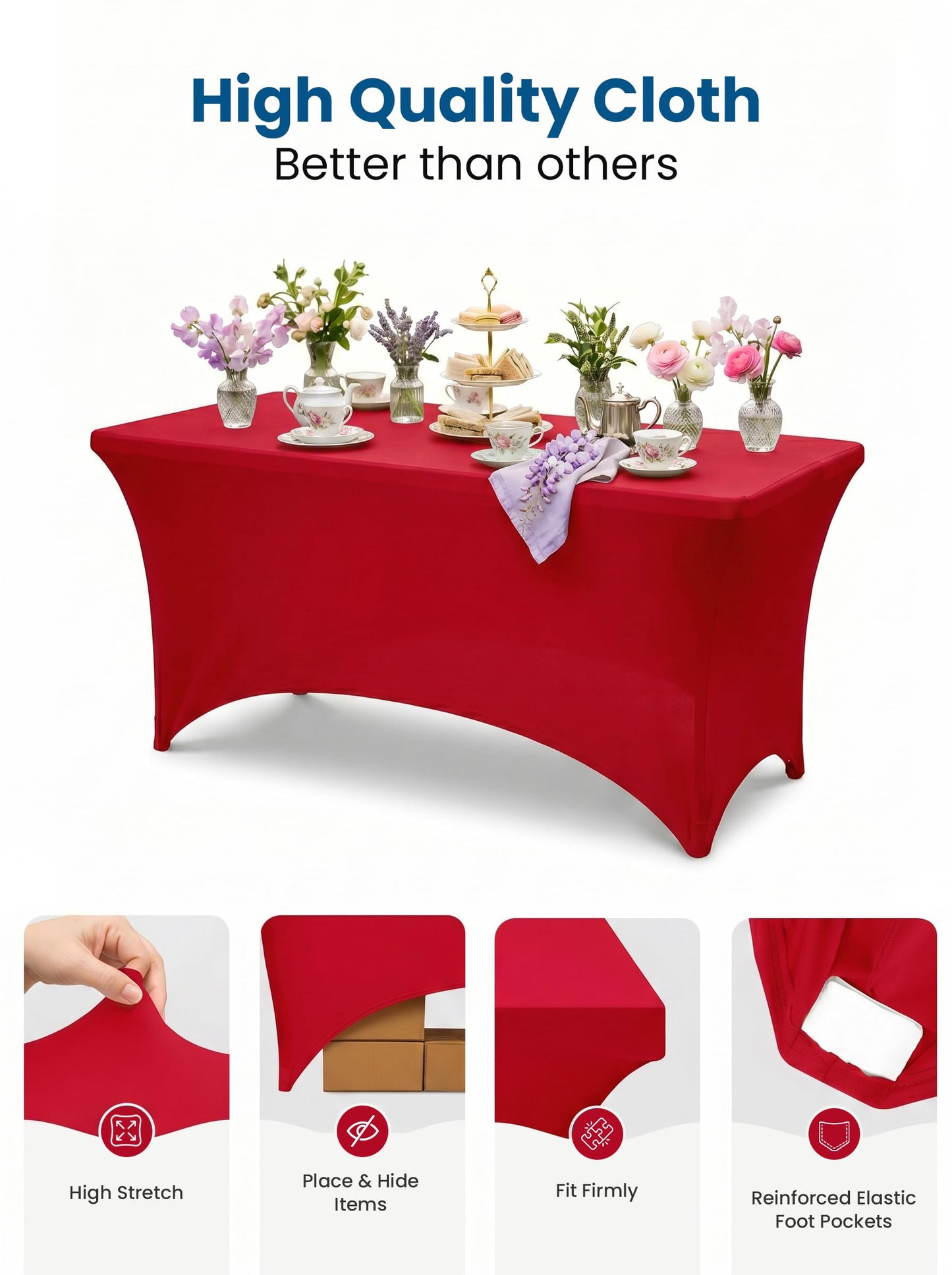 Utopia Kitchen Spandex Tablecloth 2 Pack [8FT, Red] Tight, Fitted, Washable and Wrinkle Resistant Stretch Table Cloth Rectangle Cover for Trade Show, Weddings & Parties [96Lx30Wx30H Inch]