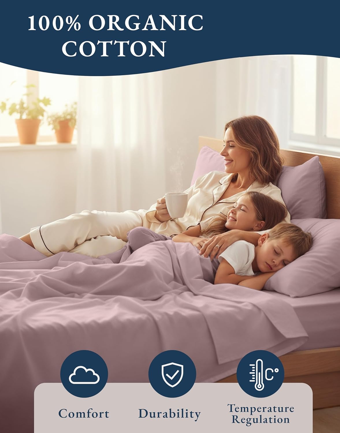 LANE LINEN 100% Organic Cotton Cal King Bed Sheets - Luxury Soft Percale, Oeko-Tex Certified, Lilac Color