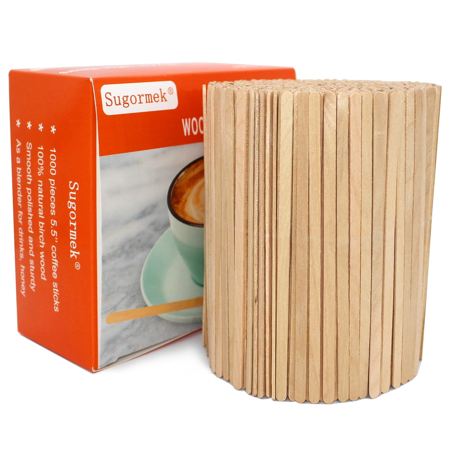 Sugormek1000PCS 5.5 IN Wooden Coffee Stirrers, A+Level Smooth Rounded Edges Disposable Coffee Stir Stick, Wooden Stir Stick for Coffee Cocktail Coffee Bar Accessories DIY Craft Design