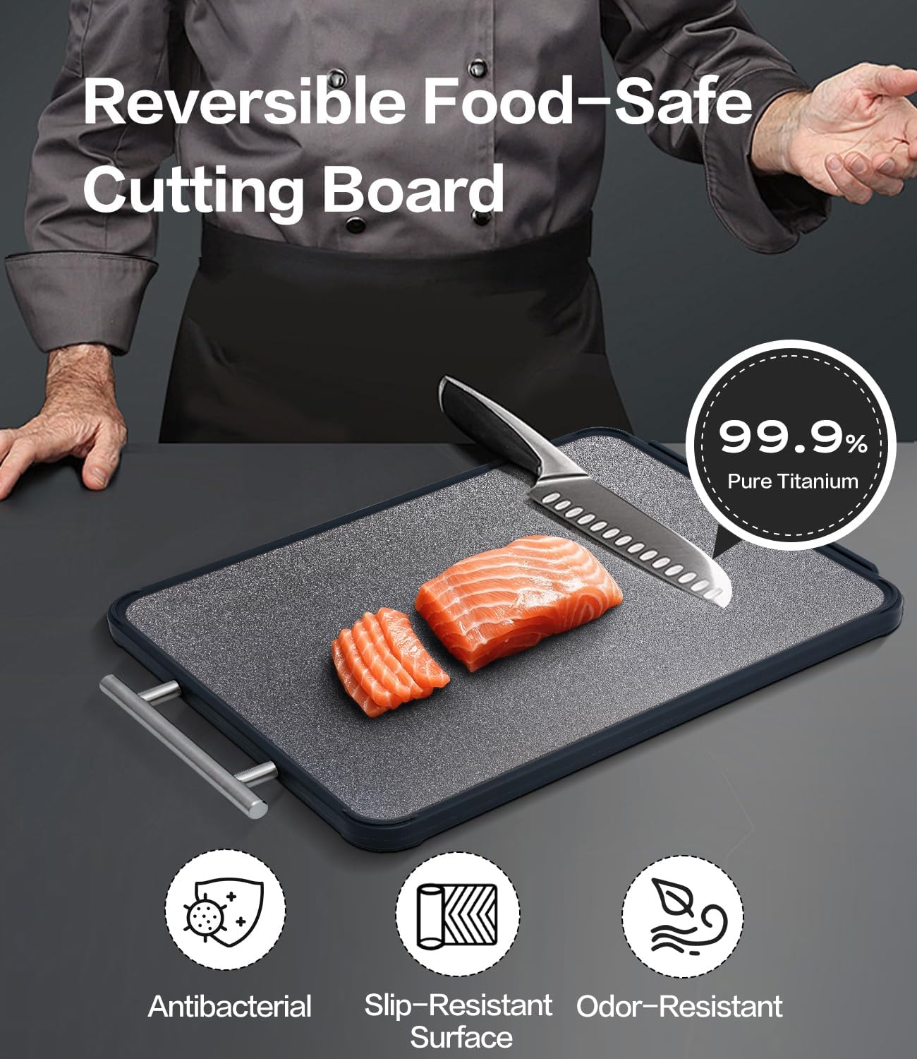 Titanium Cutting Board - Double-Sided Food-Grade Board with Stand | Textured Titanium for Meat, PP for Veggies (14.5”×11”)