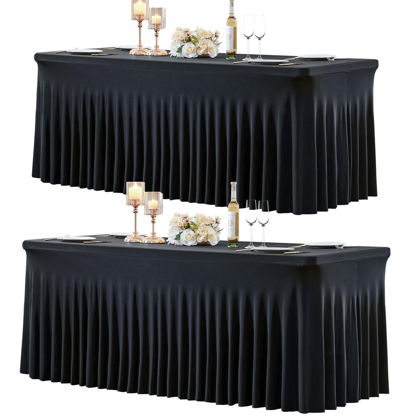 gogoparti 2 Pack Spandex Black Fitted Table Cloth for 6ft Rectangle Tables Black Stretch Tablecloth Table Covers Skirt Banquet Wrinkle Free Tablecloths for Parties Wedding