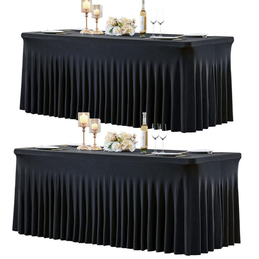gogoparti 2 Pack Spandex Black Fitted Table Cloth for 6ft Rectangle Tables Black Stretch Tablecloth Table Covers Skirt Banquet Wrinkle Free Tablecloths for Parties Wedding