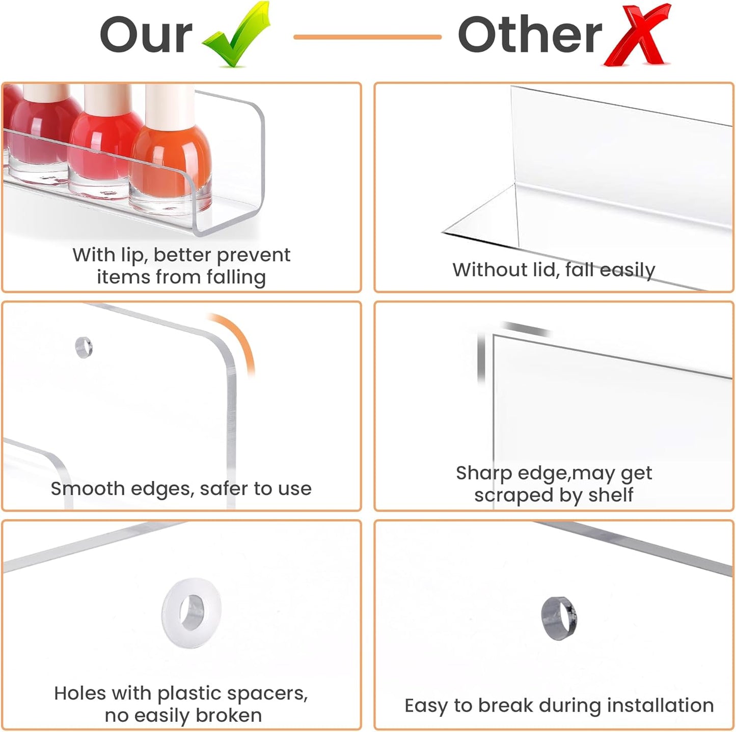 Upsimples Clear Acrylic Wall Shelves - 6 Pack, 1.7" x 12" for Nail Polish, Vinyl Records & Magazines