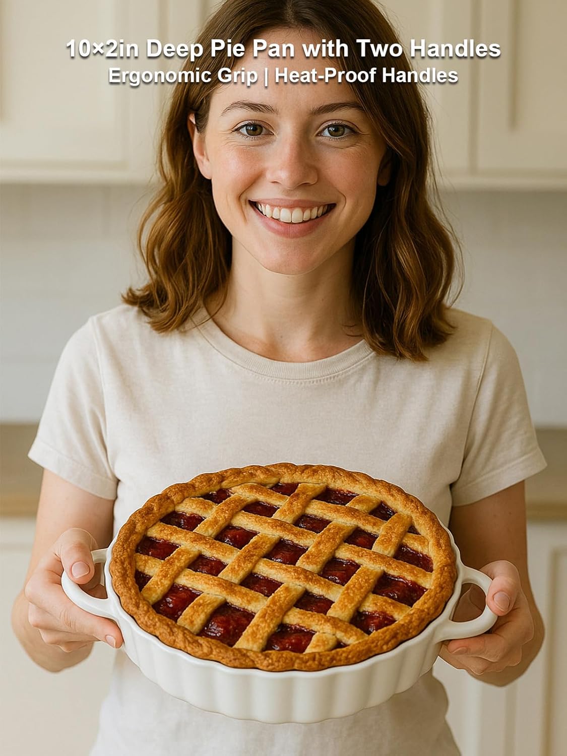Skiennix Deep Ceramic Pie Pan - 10x2 Inch with Easy Grip Handles | Lead-Free, Oven & Microwave Safe for Baking