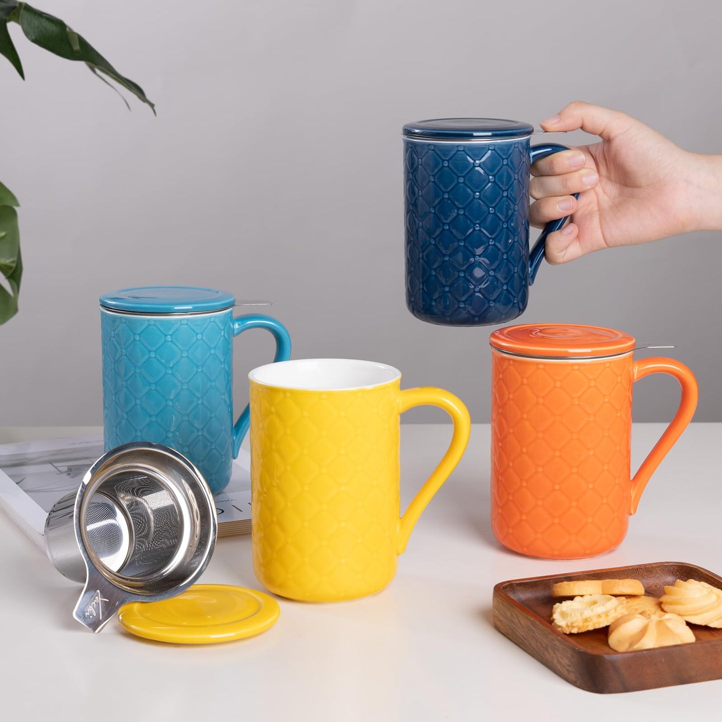 Yachi 19oz Ceramic Tea Mug with Infuser and Lid Loose Leaf Tea Steeper Microwave & Dishwasher Safe for Tea, Coffee, Milk, Home & Office (Orange Embossed Porcelain Tea Cup)