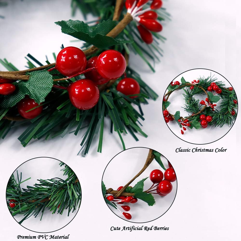 YBB Christmas Candle Rings - 8Pcs Small Red Berry Wreath Holders for 3-Inch Pillar Tapers | Rustic Wedding Decor