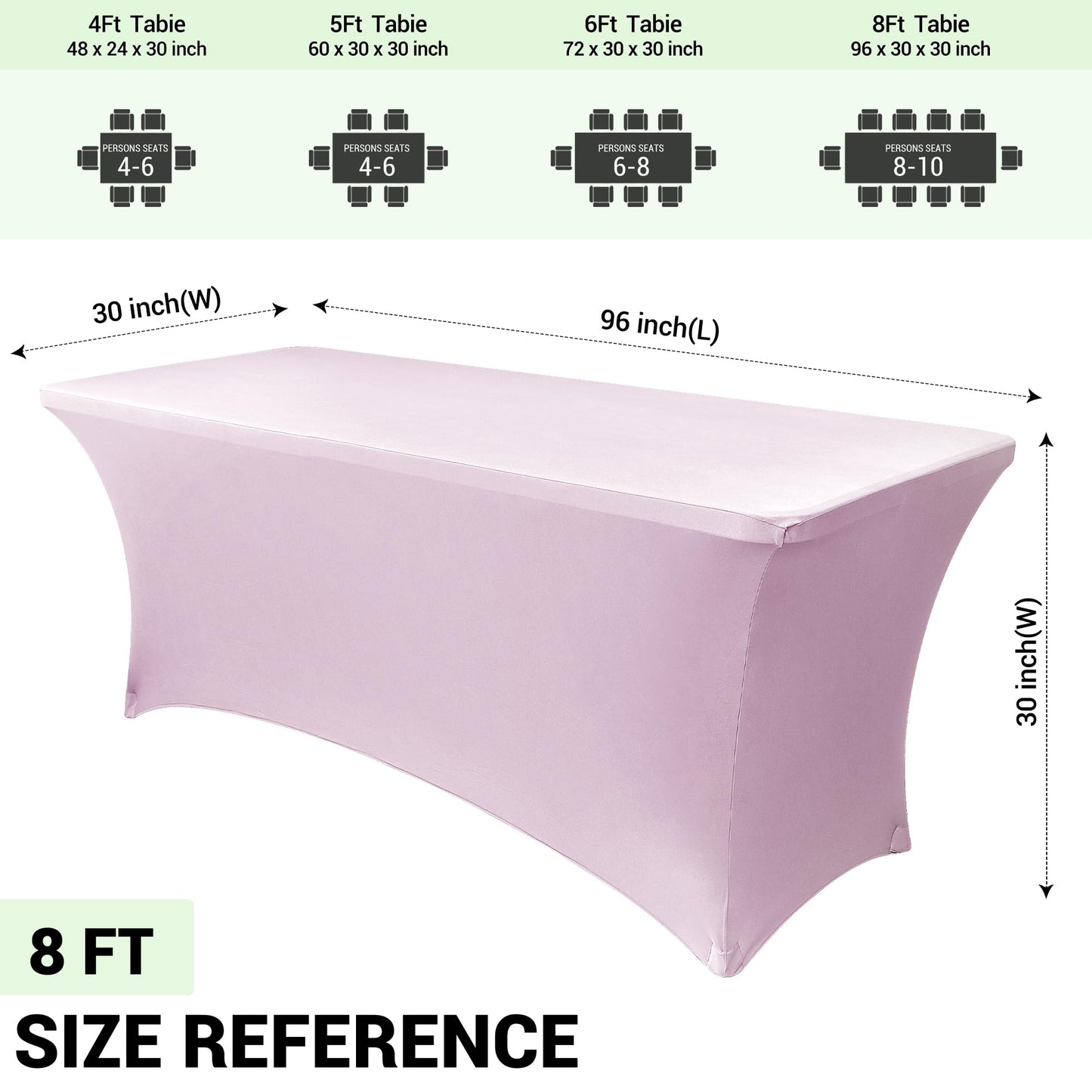 Obstal 8Ft Stretch Spandex Table Cover for Standard Folding Tables - 2 Pack Universal Rectangular Fitted Tablecloth for Party, Banquet, Events, Trade Show (Light Pink, 96L x 30W x 30H Inches)