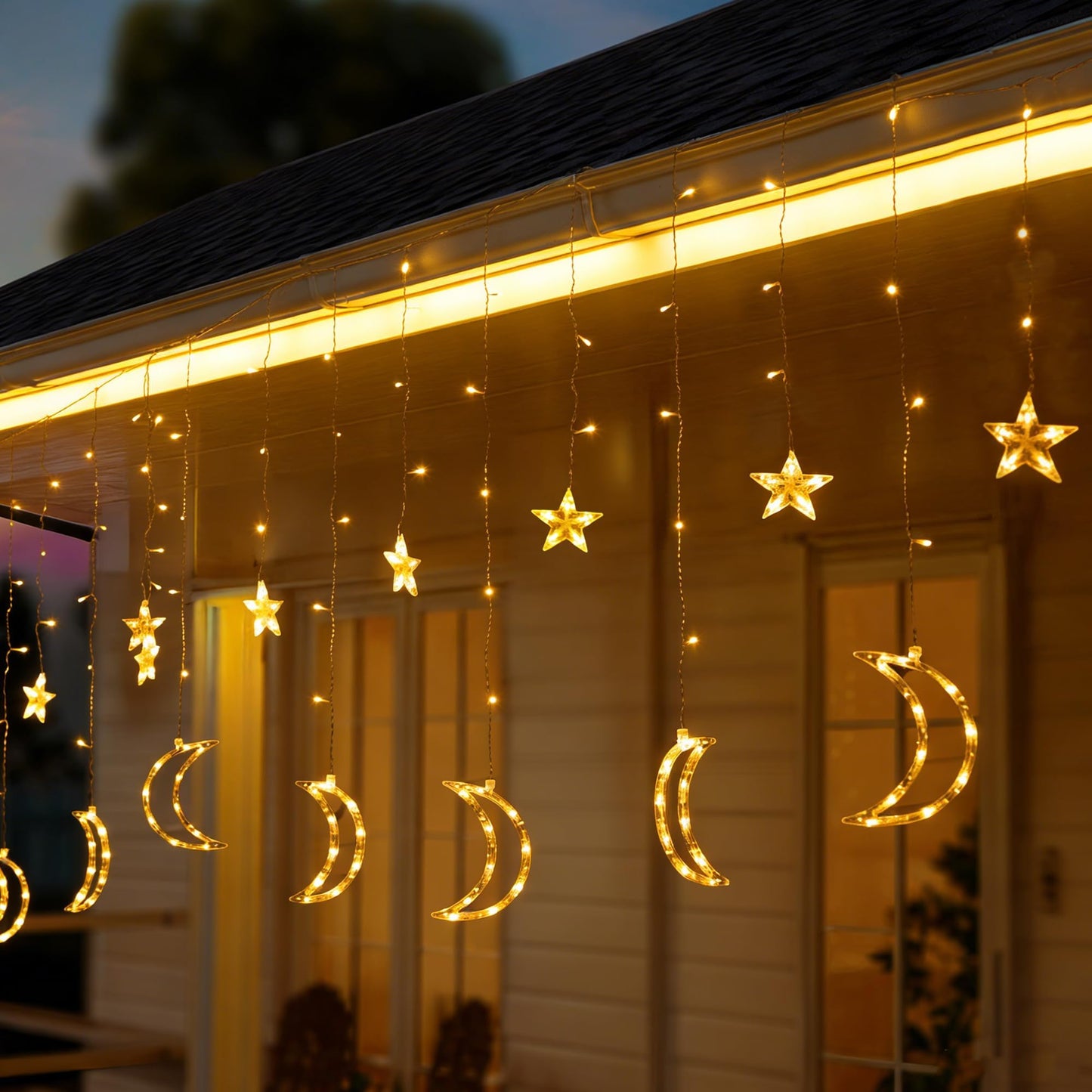 TW SHINE Ramadan Star Moon Curtain String Lights, 138 LED 8.2 FT Star Moon Hanging Lights with 8 Modes and Timer, Waterproof Fairy Lights for Indoor Outdoor Window Holiday Mubarak Ramadan Decorations