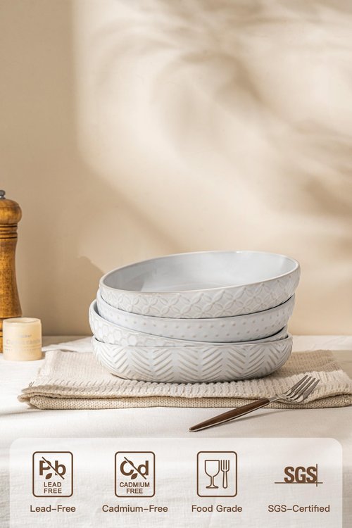 FOBENTA Embossed Ceramic Pasta Bowls, 42 oz Bowl Plates Set,9-Inch Large Serving Bowls Set of 4, Perfect for Pasta, Salad, Fruit, Sturdy&Stackable, Microwave & Dishwasher Safe