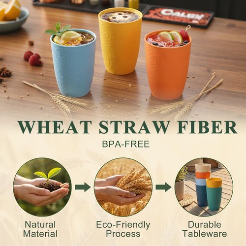 BUSOKIP 12oz Wheat Straw Cups Set of 6, Alternatives to Plastic Cups Reusable, Unbreakable Drinking Glasses, Microwave & Dishwasher Safe Drinking Cup, Small Water Cup for Kitchen, Party (Multicolor)