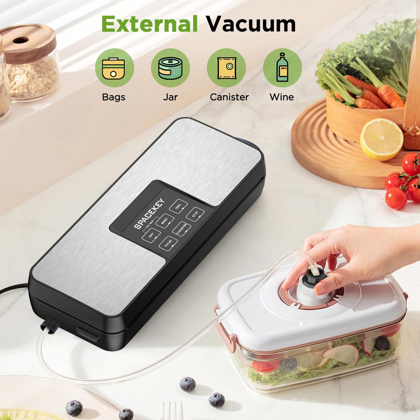 SPACEKEY Vacuum Sealer Machine, 85Kpa Food Vacuum Machine, Food Vacuum Sealer with Bag Roll Storage Space, Dry&Moist Modes, Pulse Function, Built in Cutter, Bag Roll included, Silver