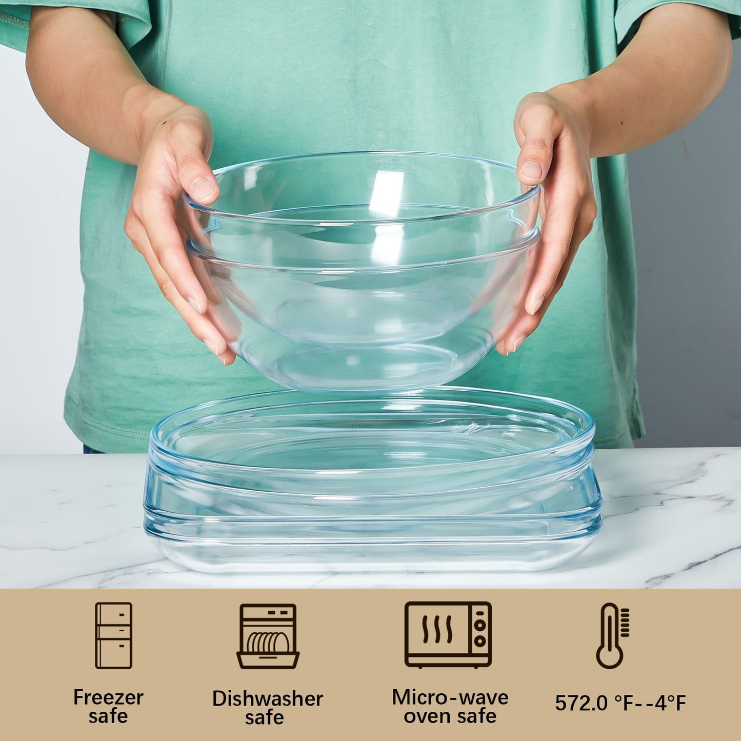 6 Pcs Clear Glass Dinnerware Set Glass Plates and Bowls with Blue Tint Round Square Tempered Plates 10'' and Kitchen Serving Bowl 8'' for Dessert, Salad, Fruit, Dishwasher and Microwave Safe
