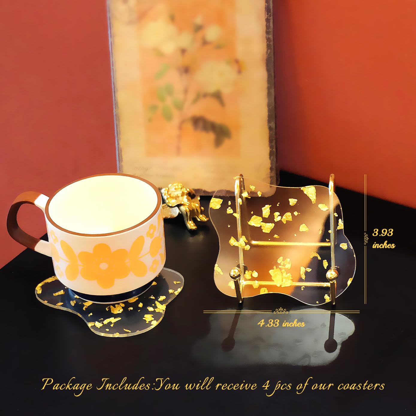 Sweet Elegance Set of 4 Acrylic Gold Foil Coasters Waterproof, Non-Slip, Durable Cup Mats for Home, Party, and Festival Decorate Drop Shape Table Ornamen