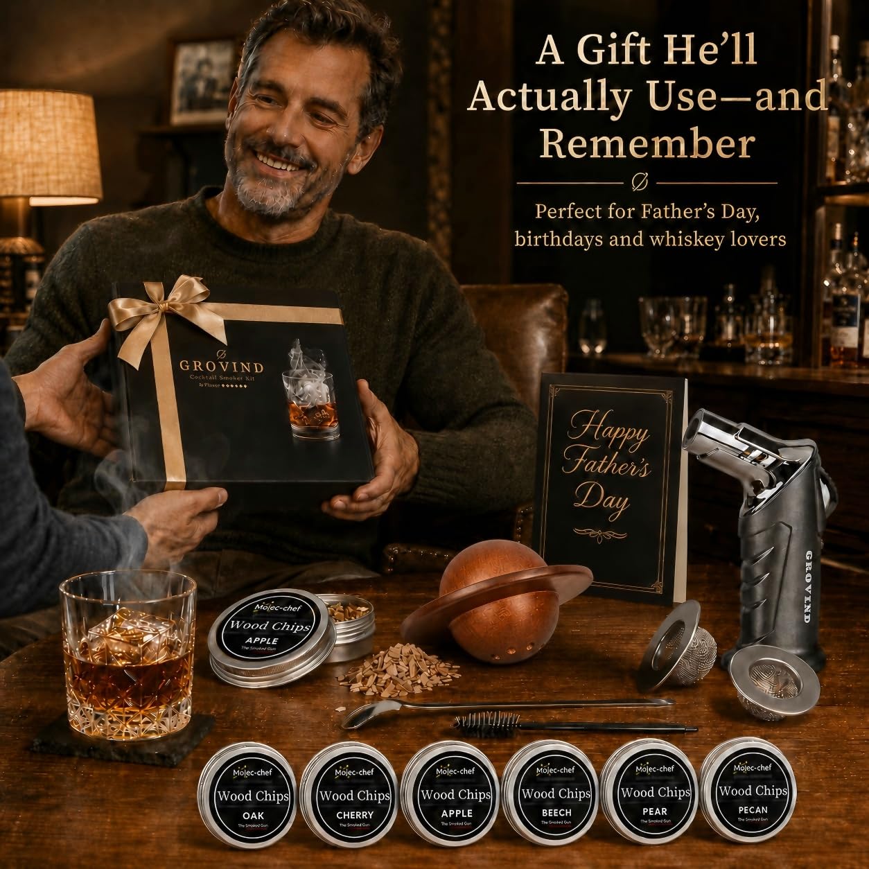 Grovind Whiskey Smoker Kit,Cocktail Smoker Kit with Torch,Bourbon smoker kit,Old Fashioned Smoker kit,Drink Smoker Infuser Kit with Wood Chips,Birthday Whiskey Bourbon Gifts for Men,Dad,Husband