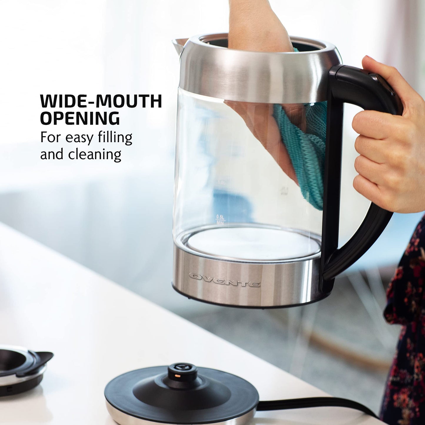 OVENTE Electric Kettle with 1.7L Borosilicate Glass, 1500W Instant Water Boiler and Heater for Coffee or Tea, BPA Free, Easy to Fill Lid, Auto Shut-Off and Boil Dry Protection, Silver KG612S