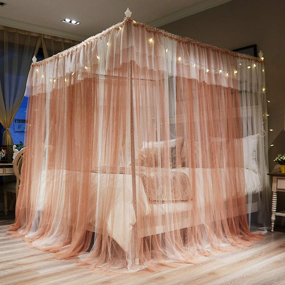 Joyreap Luxury 4 Corners Post Canopy Bed Curtains - Coral & White Cozy Drape Netting - Cute Princess Style Bedroom Decoration Accessories(Reddish Brown,86" W x 78" L, King)