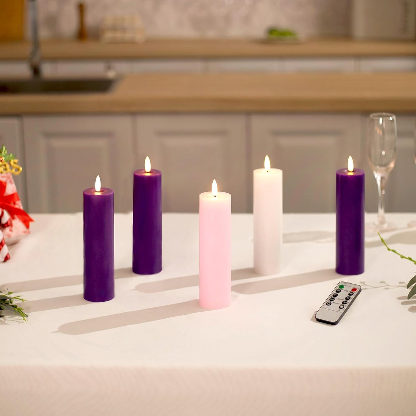 Stmarry Flameless Advent Candles Set - Battery Operated with Remote & Timer | 2x7 Pink & Purple Pillar Candles