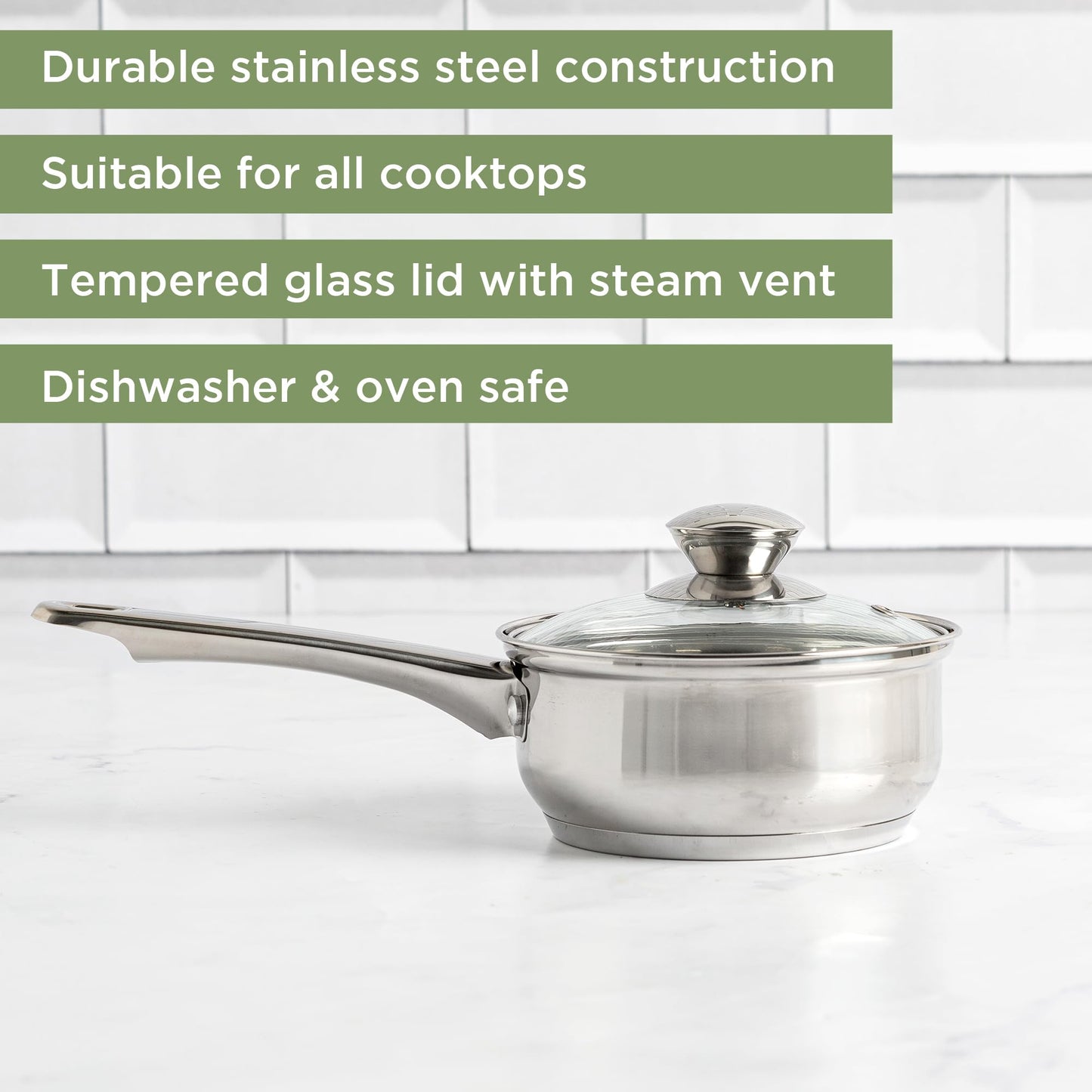 Ecolution Stainless Steel Sauce Pan, Encapsulated Induction Ready Cooking Pot with Glass Lid, Oven Safe, Dishwasher Safe Soup Pot, 1-Quart