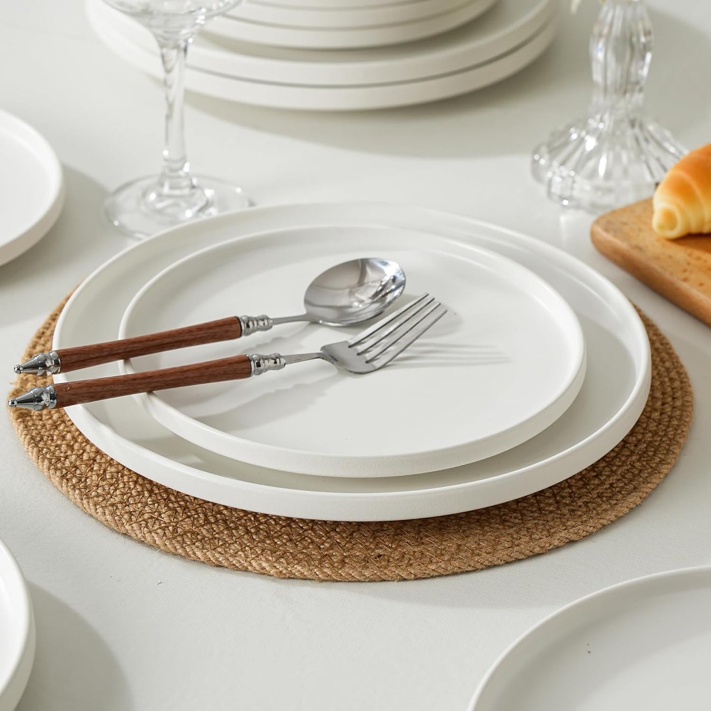 Skiennix 8-Inch Matte White Stoneware Plates - Set of 4, Microwave & Dishwasher Safe for Salads & Desserts