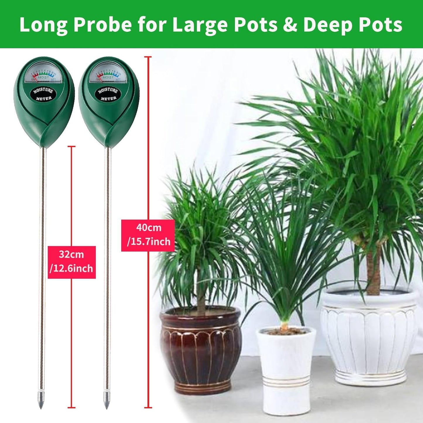Skiennix Soil Moisture Meter - Extended Long Probe Hygrometer for Indoor/Outdoor Plant Care - 2 Pack (Green)